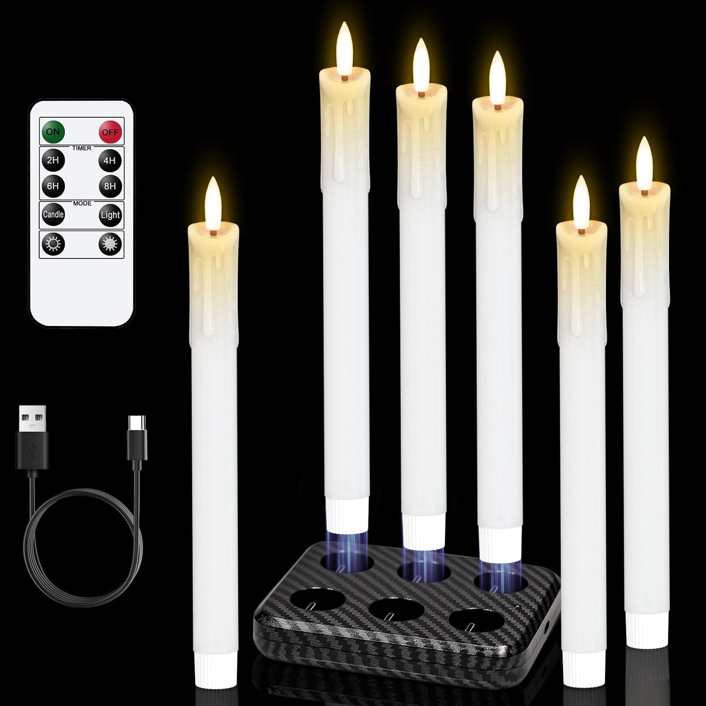 Lasumora Rechargeable Flameless Taper Candles with Charging Station & Remote Timer, 6 Pcs Real Wax LED Taper Candles, Battery Operated Candlesticks for Home Wedding Christmas Decorations (White)