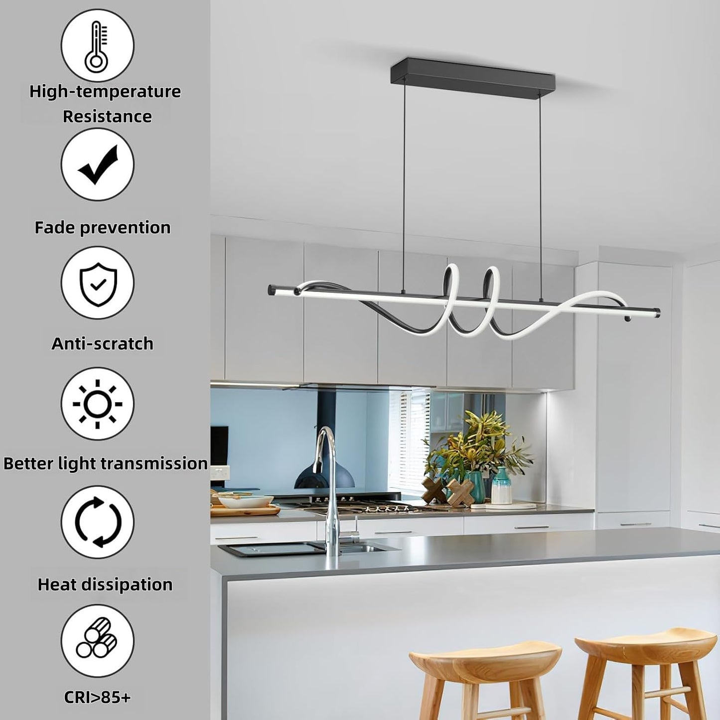 Zihoi Modern LED Pendant Light, Dimmable with Remote, 3000K-6000K Adjustable, 39in, Black, Model LX