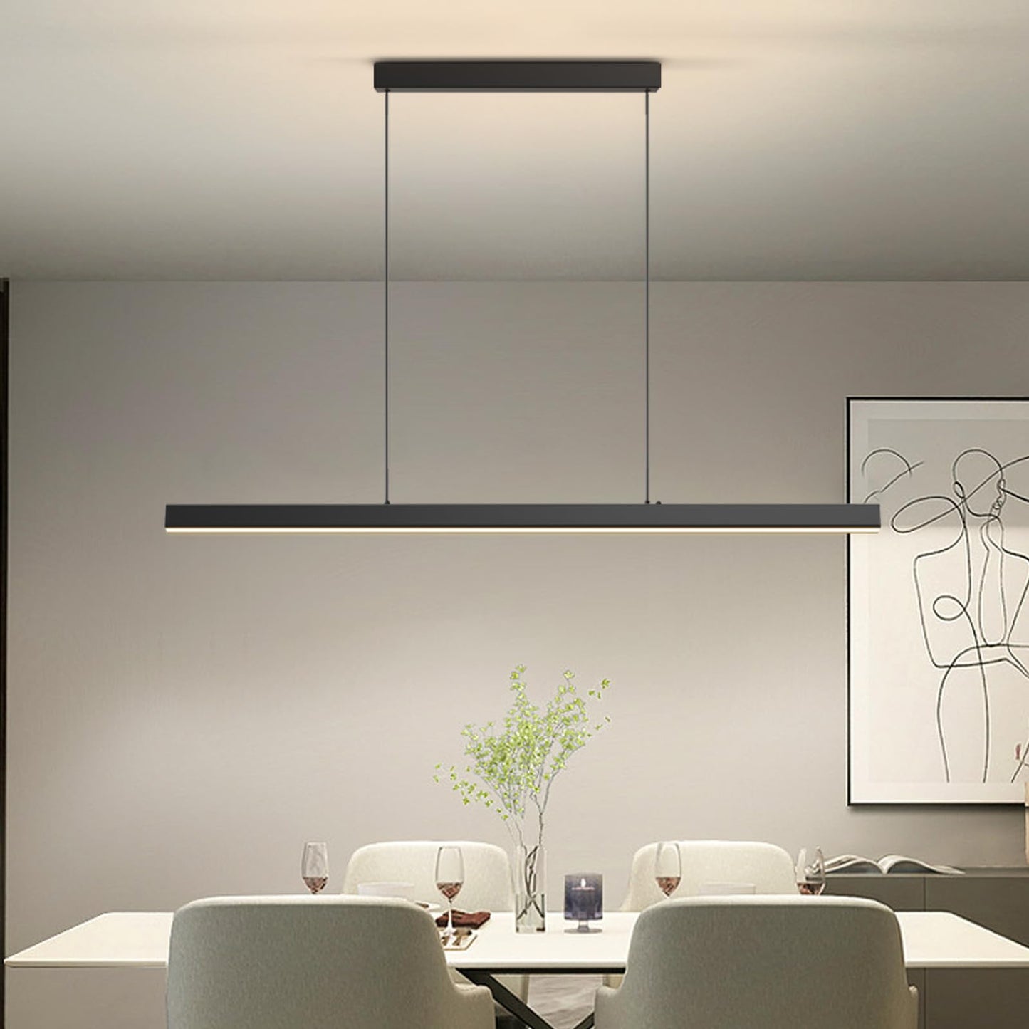 Zihoi Modern Ceiling Pendant Light 57In Led Black Linear Ceiling Chandelier Light Dining Room Living Room Warm & Cool  Neutral Light Aluminum Island Lighting Hanging Pendant Light For Kitchen