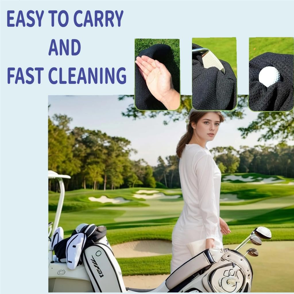 Magnetic Golf Towel, 16"x16" Black Microfiber, Strong Magnet & 3 Grommet Design, Carabiner Hook, Super Absorbent & Easy Clean, Golf Bag Accessory