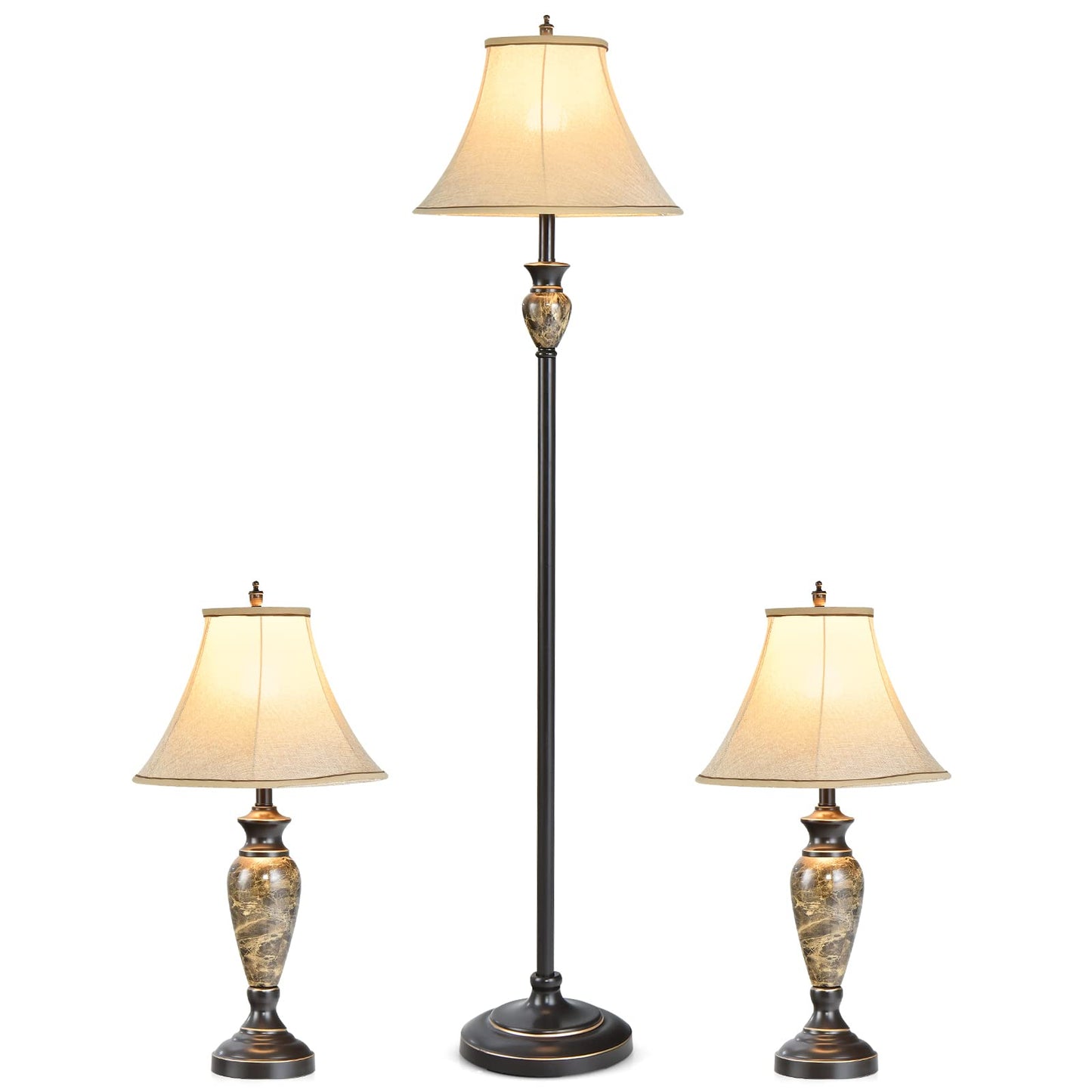 Tangkula 3-Piece Table And Floor Lamp Set, Beige Linen Shades, Metal & Cement, 29” & 61” Height, Traditional Style For Living Room & Bedroom