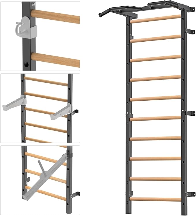 Kipika Gymnastic Stall Bar - 2"x2" Swedish Ladder with 1" Hole, Wall Mounted Pull-up Bar Ladder Suspension Trainer, Solid ...