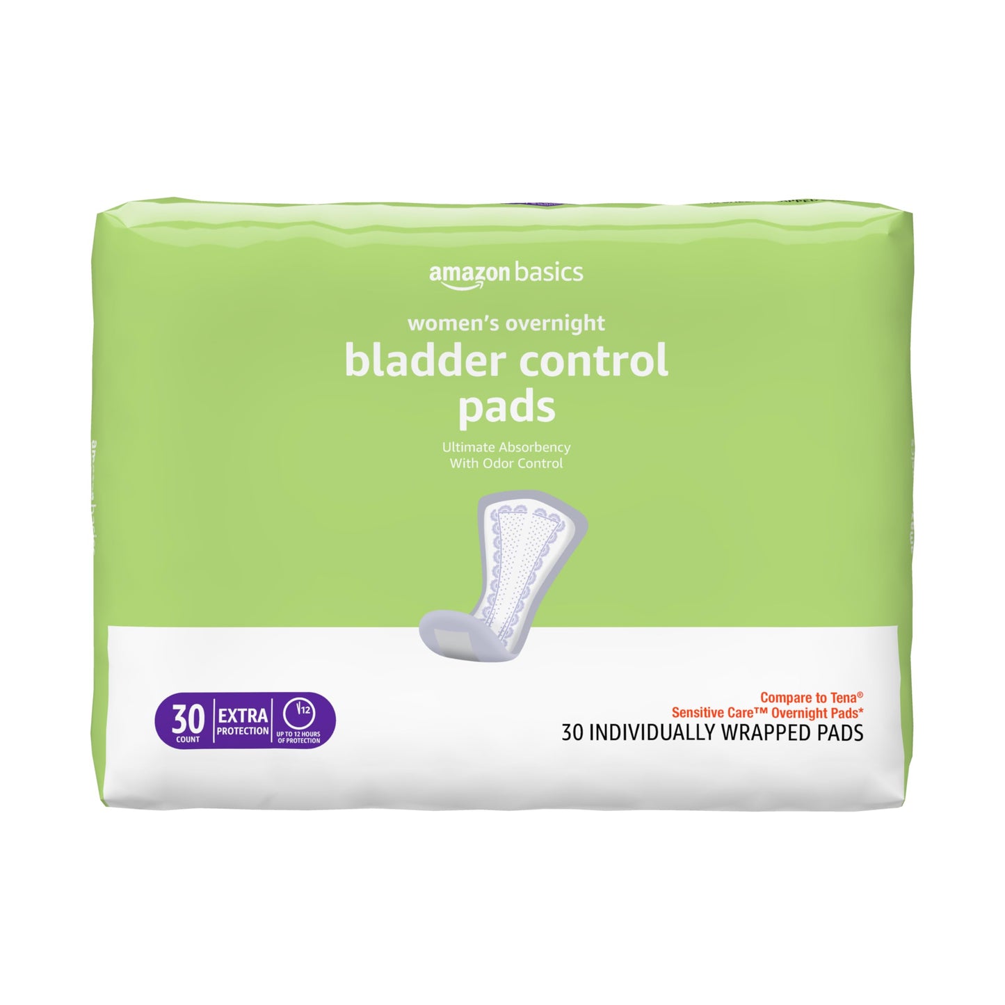 Amazon Basics Incontinence Pads for Women, Bladder Control, Postpartum, Overnight Absorbency, Unscented, 30 Count