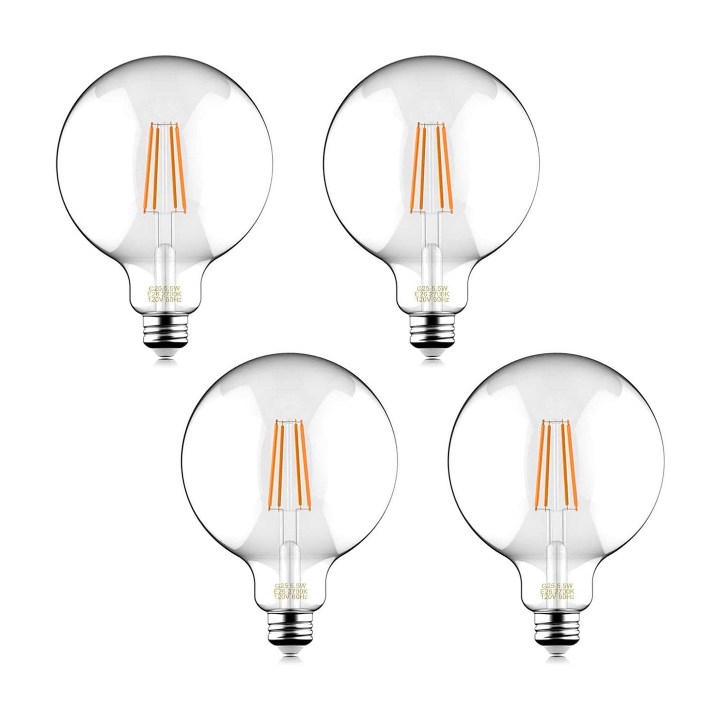 Helloify Vintage LED Edison Bulbs, 60W Equivalent, Dimmable, 500 Lumens, Clear Glass, G25, Soft White 2700K, Pack of 4