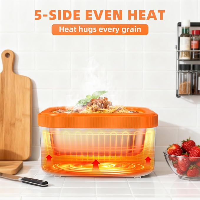 Cordless Electric Lunch Box,20000mAh Heated Lunch Box Rechargeable Battery Powered Self-Heating Food Warmer,1.5L Large Capacity Portable for Car,Work,Office,Travel,Picnic&Outdoor (Black & Orange)