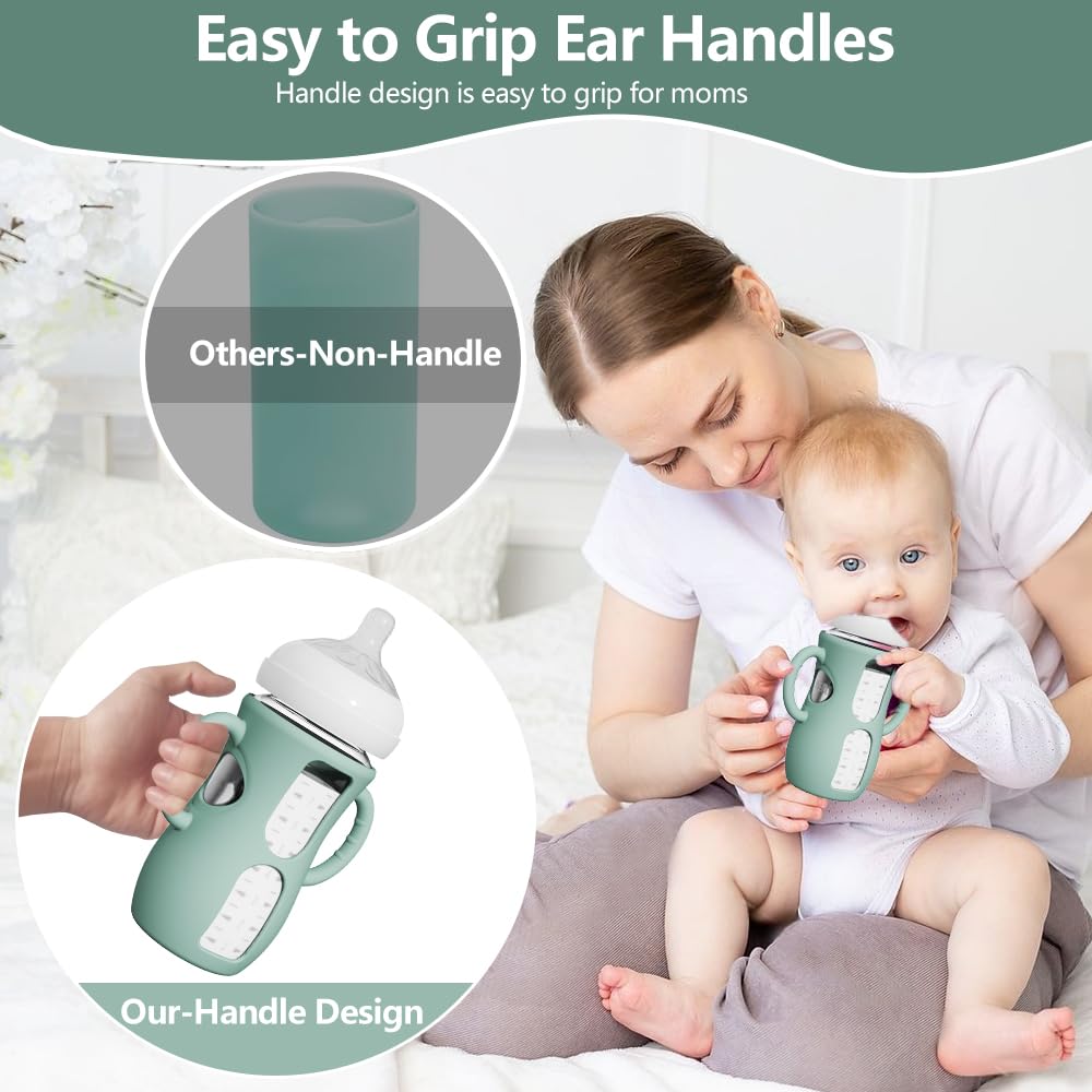 4 Pack Silicone Sleeves for Avent Natural Glass Bottles, Anti Breakage Baby Bottle Protector with Easy-Grip Handle, Compatible Philips Avent Glass Natural Bottle 8 oz, Not for Infant Use