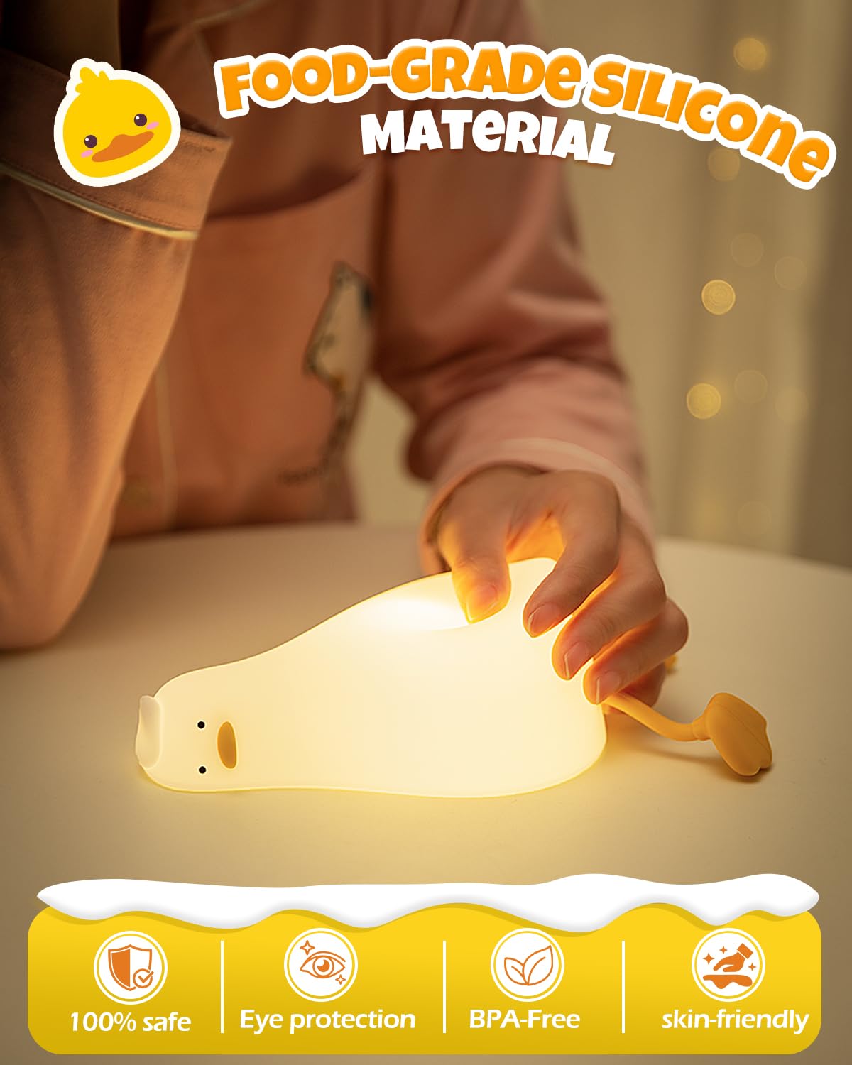 Cute Duck Night Light  Animal Lamp  Food Grade Silicone  Rechargeable  3 Level Dimmable  Squishy Nursery Nightlight For Desk Decor  Funny Gifts Stuff For Boys Girls Baby  White Elephant Gifts