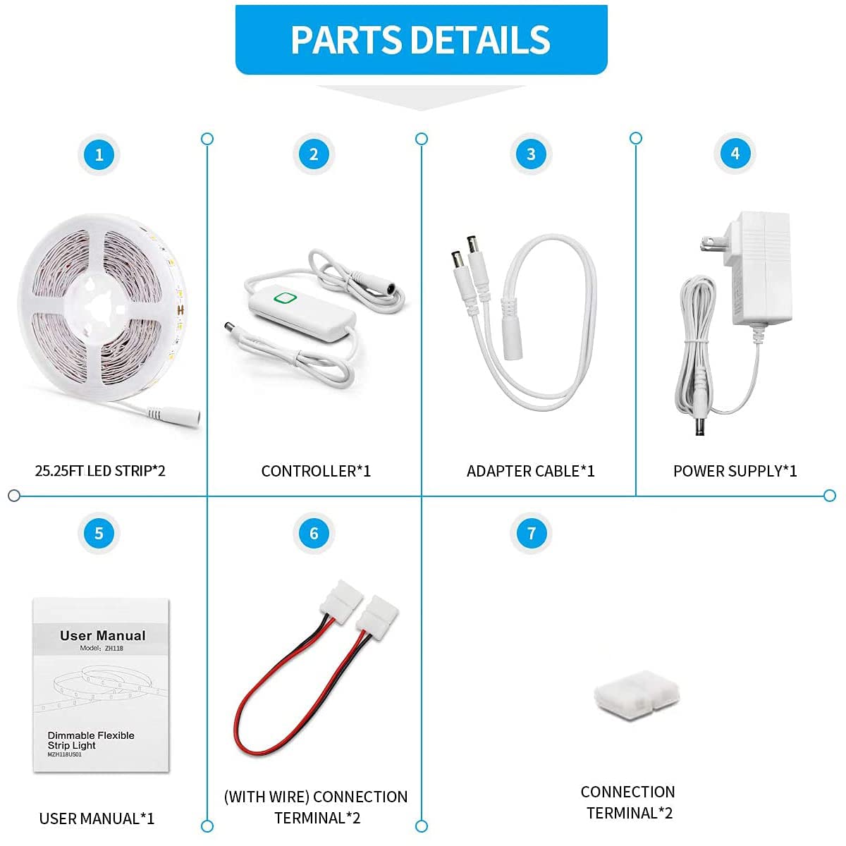 Led Strip Lights 50.5ft White Dimmable Led Light Strip Flexible Rope Lights Kits with 24v Etl Power Supply, Adhesive Clips, Dimmer Switch and Connectors for Indoor Decor
