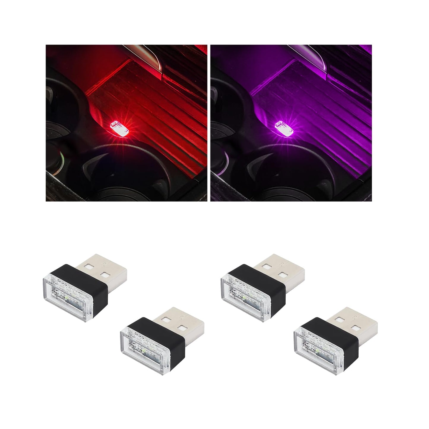 Augeny Usb Led Car Interior Atmosphere Lamp - 4 Pcs Portable Auto Ambient Lighting Kit, 2 Red + 2 Purple For Most Vehicles