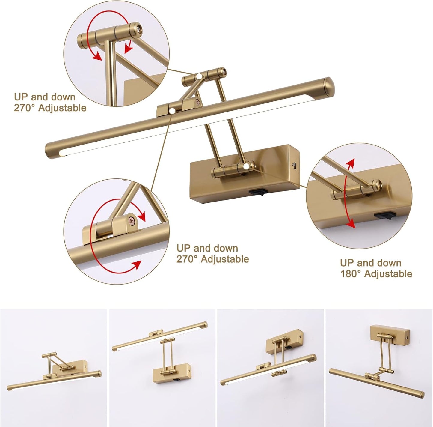 Battery Picture Lights for Wall, Rechargeable Gallery Light Wireless Art Display Lights with Dual-Rods Swing Arm Brass Painting Light with Remote & Timer 3CCT Dimmable Wall Sconces for Portrait 16”