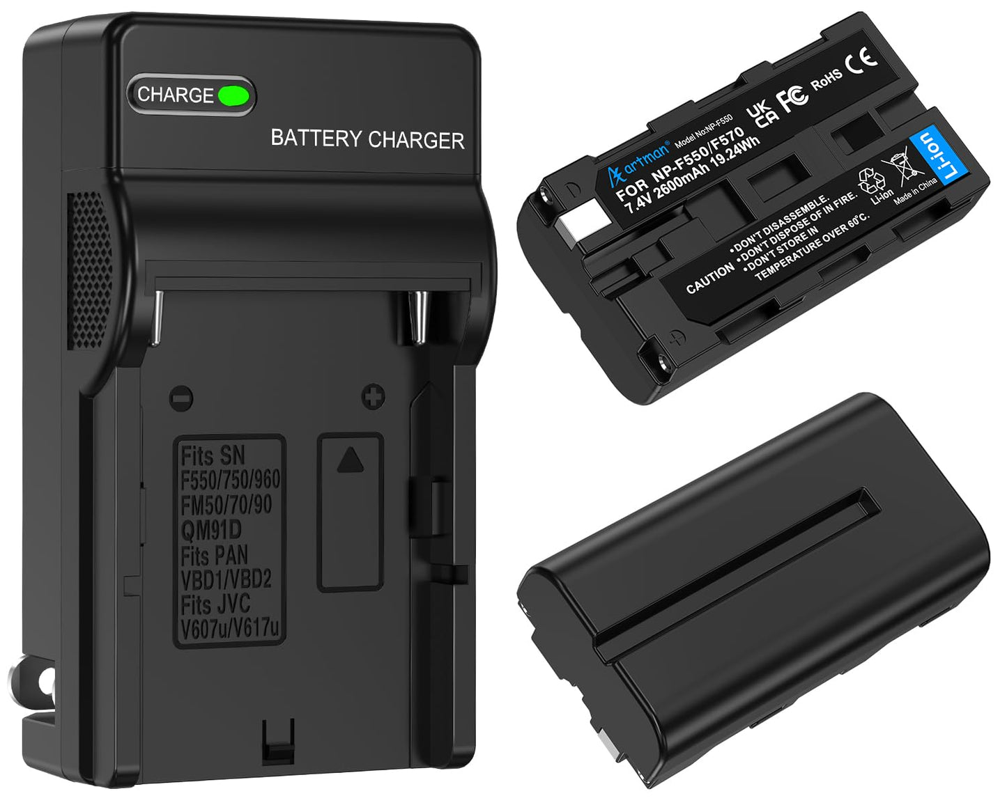 Artman NP-F550 Battery 2-Pack and Wall Charger for Sony NP F550, F530, F970, F960, F770, F750, F330, CCD-SC55, TR516, TR716, TR818, TR910, TR917 Camera, CN-160, CN-216 LED Video Light (2600 mAh)