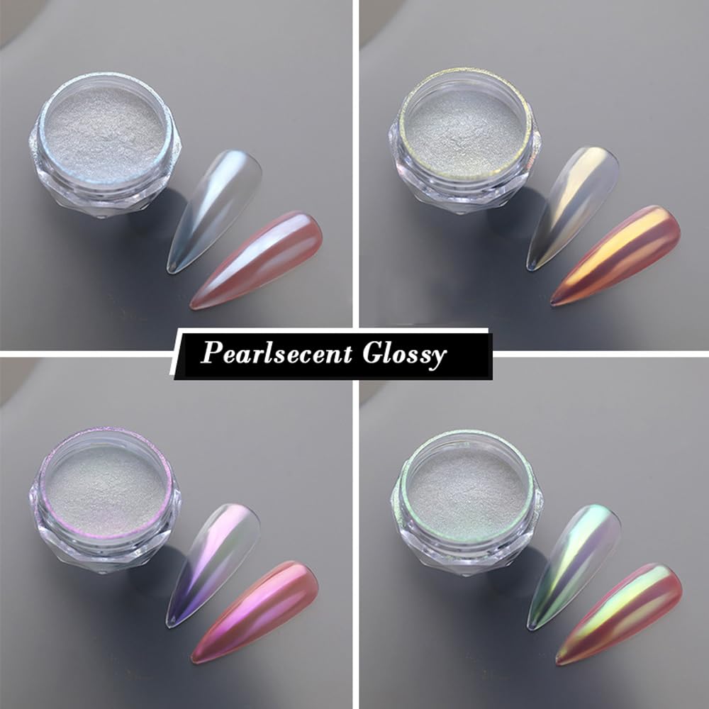 Pretty Diva 8 Colors Iridescent Pearl Chrome Nail Powder, Aurora Pearl Nails Chrome White Pearl Chrome Powder for Nails Metallic