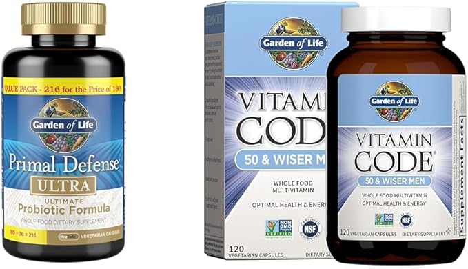 Garden of Life Probiotic and Multivitamin Bundle - Primal Defense Ultra Ultimate Probiotic, 216 Capsules + Vitamin Code 50 & Wiser Men's Multivitamin, 120 Capsules