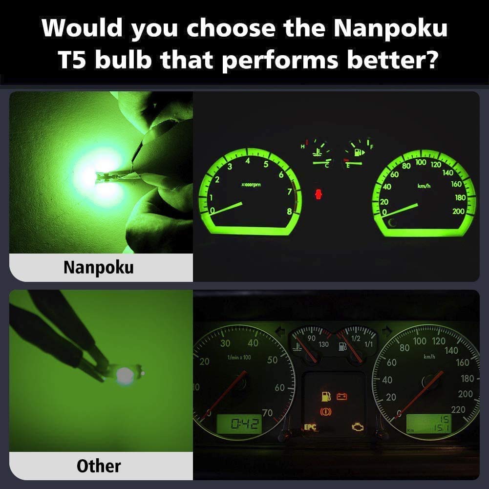Nanpoku T5 Led Bulbs - Green 12Pc, Canbus Error Free For Auto Dashboard Instrument Panel Gauge Cluster Indicator Lights