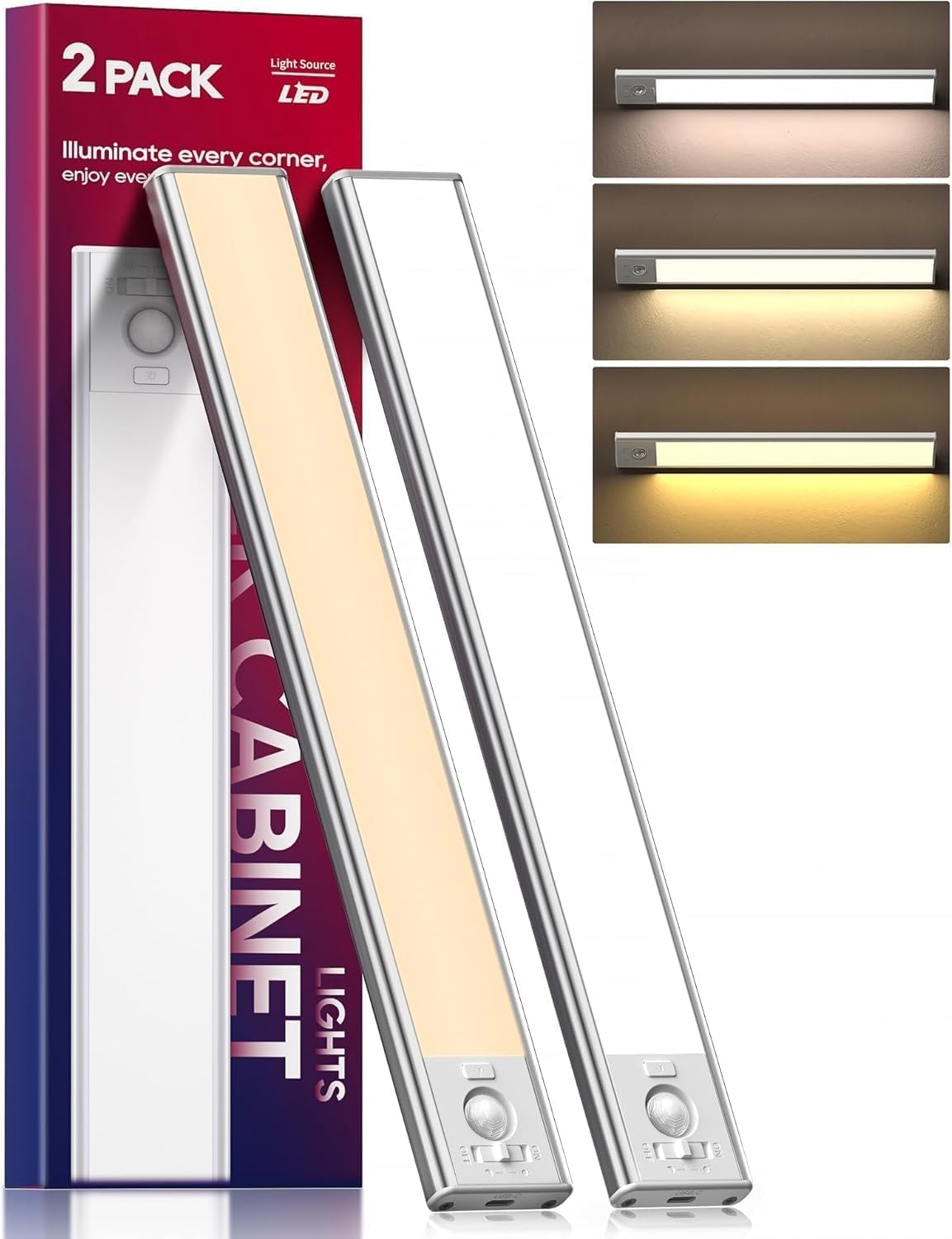 DiDiSky Under Cabinet Lighting - 2 Pack, 13 Inch, Motion Sensor, USB Rechargeable, Aluminum, 3 Color Light, Model GLS-C001