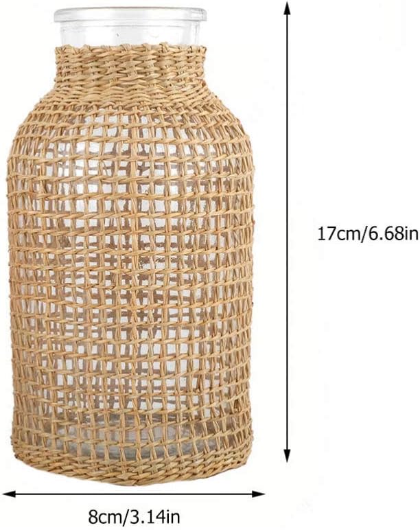 DOITOOL Glass Flower Vase with Rattan Cover, Round Decorative Flower Vase Woven Seagrass Vase Farmhouse Vase Floral Container for Floral Arrangement Table Centerpiece Decor (Size S)