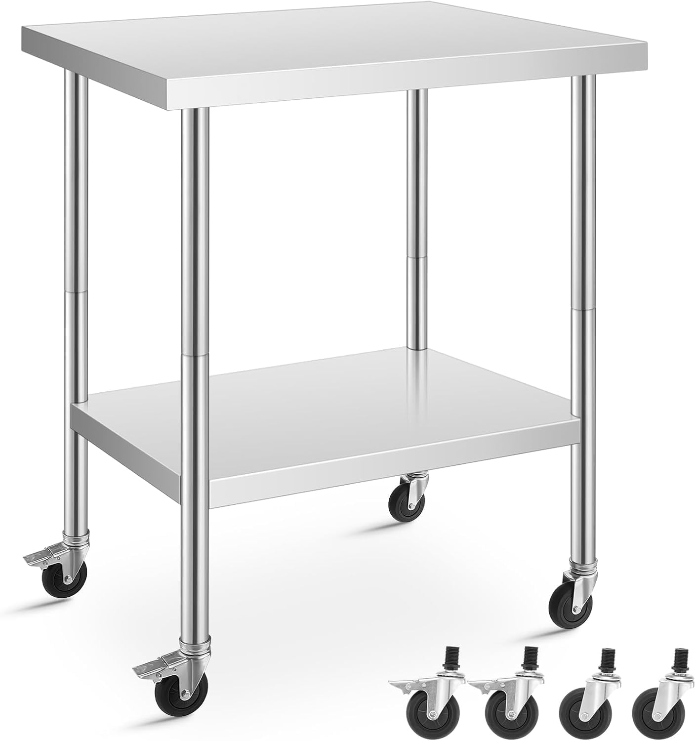 FOHERE Stainless Steel Table 36 x 24, with 4 Wheels, Two with Brakes, Prep Table for Commercial Restaurant, Home, Outdoor, Garden, Warehouse and Hotel
