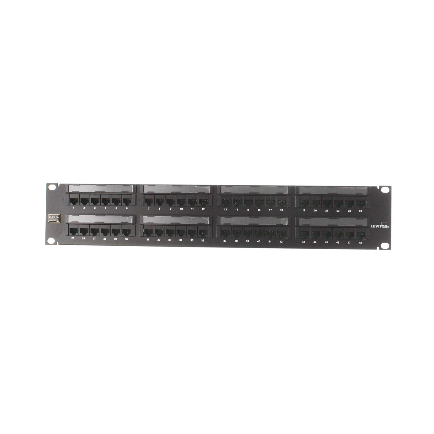 Leviton Gigamax 5E Universal Patch Panel, 48-Port, 2Ru, Cat 5E, Cable Management Bar Included, 5G596-U48, Black