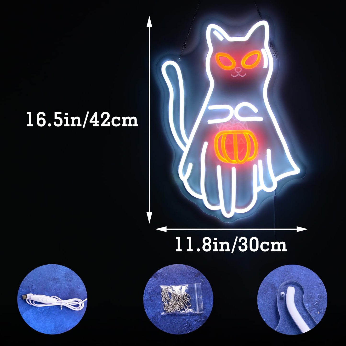 Wutrnjd Neon Light Sign - Cat Holding Jack-o-lantern, Acrylic, Halloween Decor, Trick-or-Treat, White Cat with Pumpkin