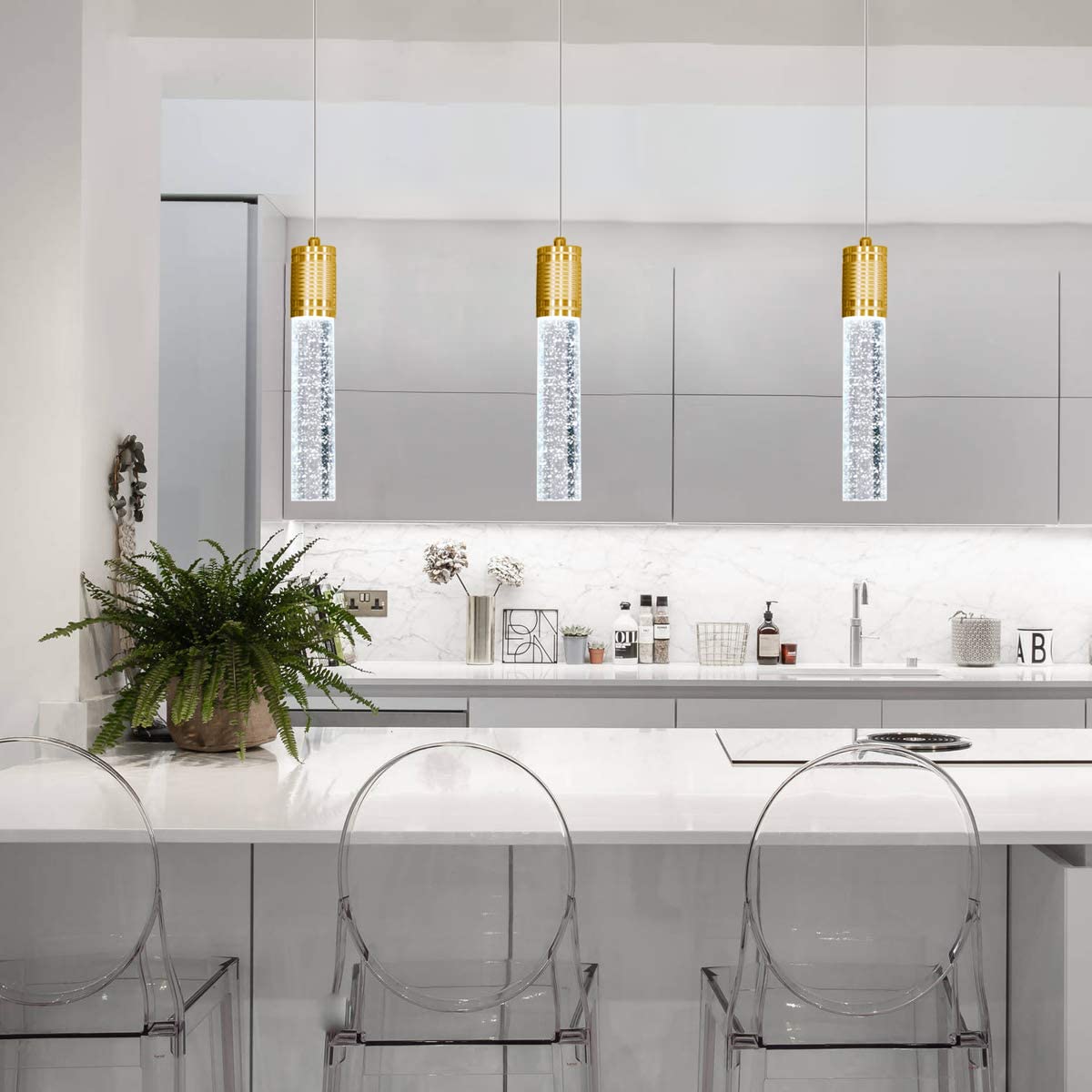 Haixiang 3-Pack Gold Led Pendant Light Fixture For Kitchen Island, Modern Metal Chandelier, Daylight Bulbs Included, Model D16806B1