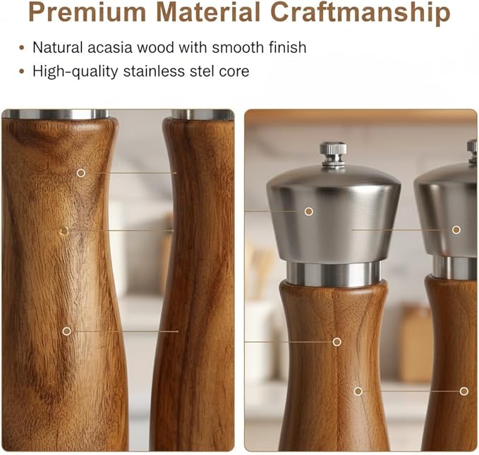 Wooden Salt and Pepper Grinder Set,salt grinder refillable,Adjustable Coarseness,Crafted of Solid Acacia Wood with Ceramic/Stainless Steel Core|Along withl Spoon,Tray,8in,2pack,easy to clean