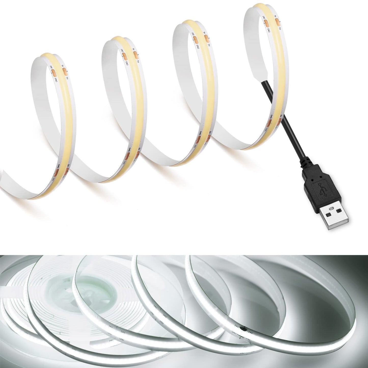 MDee COB LED Strip Lights, 6000K Cold White, USB Powered, 9.84ft/3m, Flexible LED Tape, 320 LEDs/m, CRI 90+,