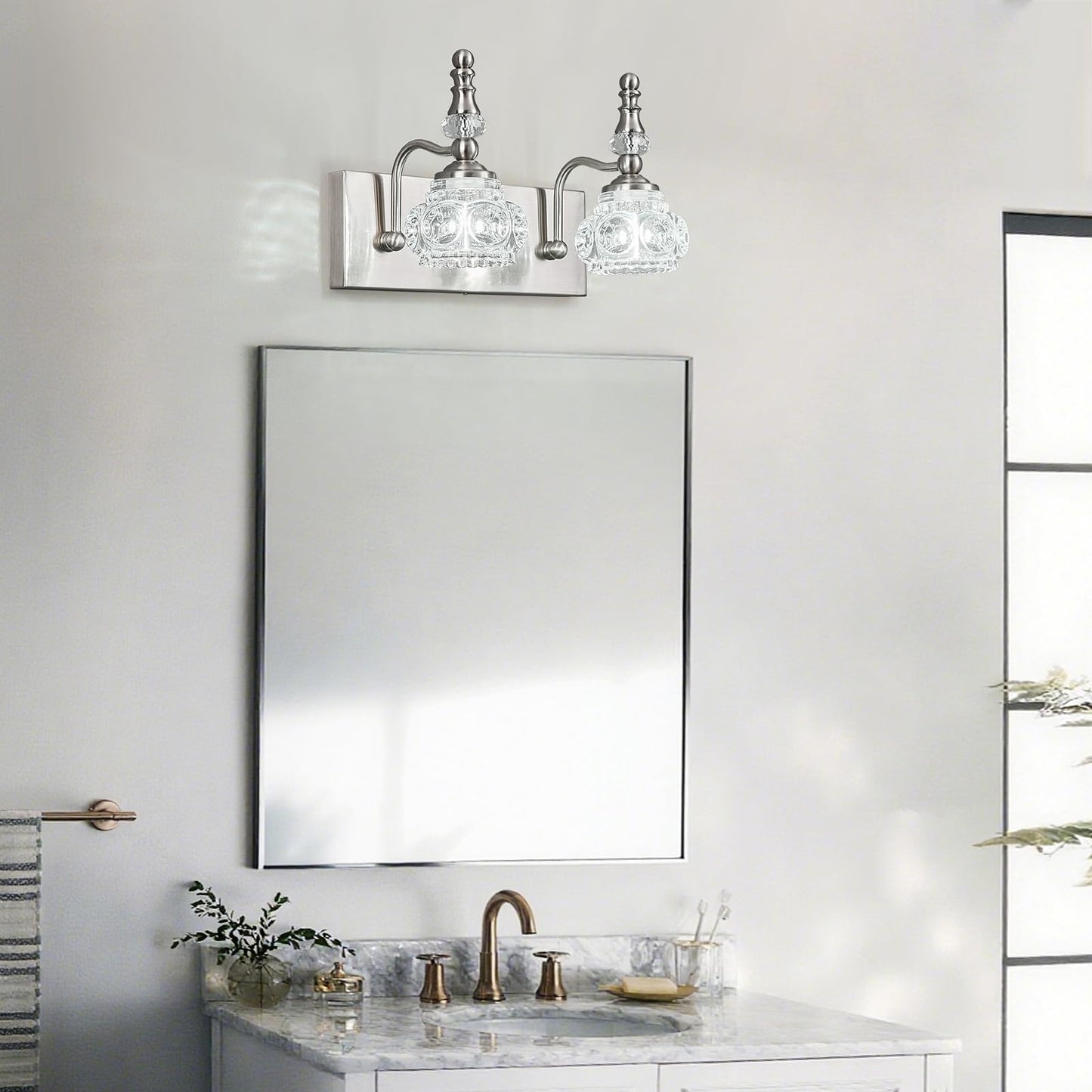 Lbsqj Modern Glass Crystal Vanity Light - Vintage Bathroom Lighting Fixtures Over Mirror  2 Light Vanity Lights G9 Bulb (11.81 Inch  Nickel)