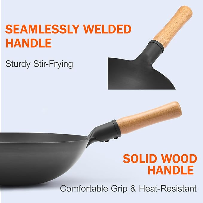 WANGYUANJI Iron Wok,13.38 inchTraditional Round-Bottom Wok, Chef’s Professional Stir-Fry Pan with Wooden Handle, Chemical-Free Wok for Gas Stoves and Round-Bottom Induction Stovetop(No lid included)