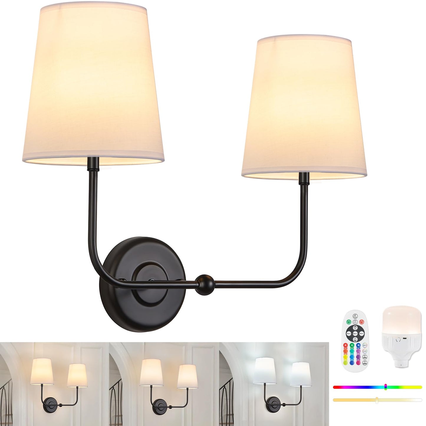 TERLEENART Battery Operated Double Wall Sconce, 2-Lights, Remote Control, Dimmable, Black, Model TER-701-01-DP