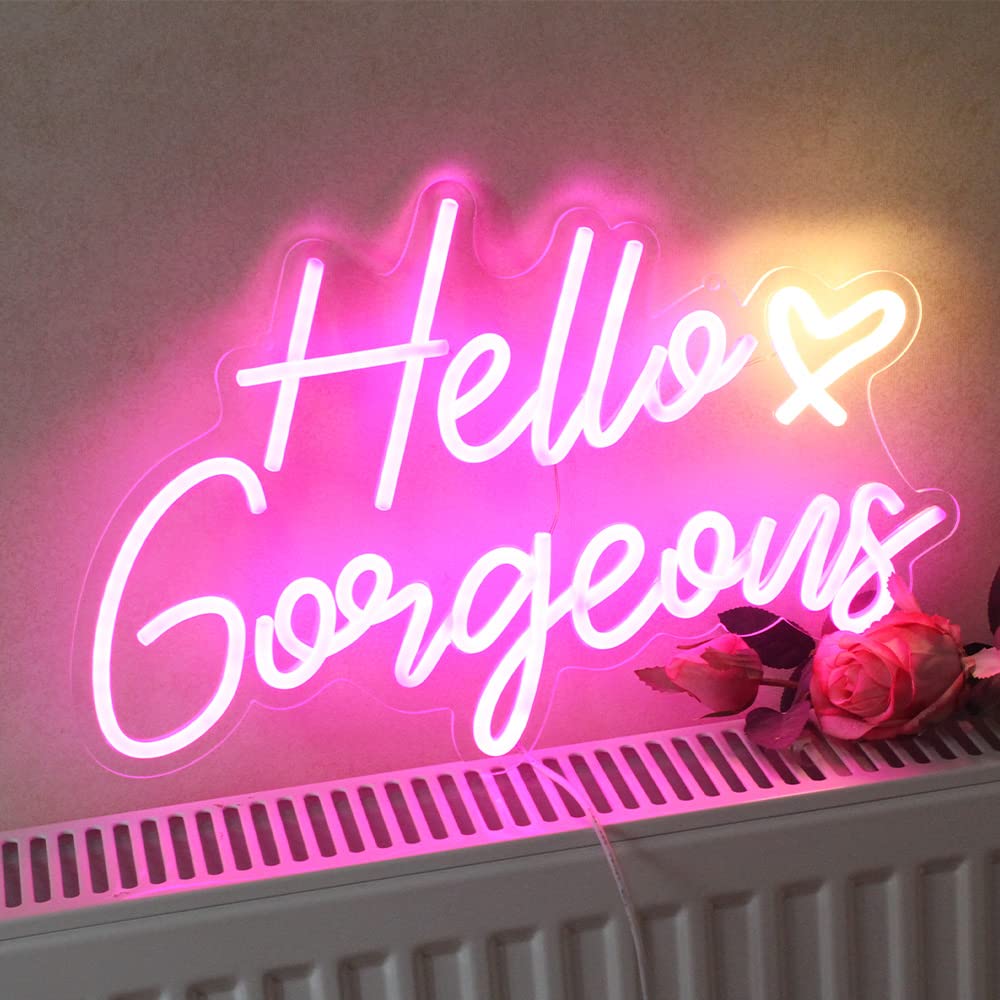 DAKABUKA Neon Sign, Hello Gorgeous Pink LED Light, Dimmable, 16.5x10.6 inches, Acrylic