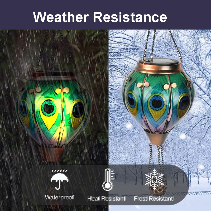 teyigarden Hot Air Balloon Solar Lantern, Glass, 18in H ? 5.5in W, Peacock Feather-Green, Model SL-6069082030