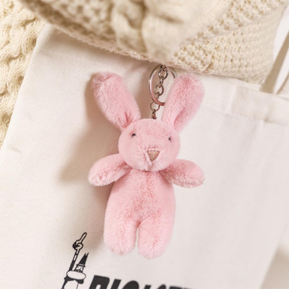 Miokkley Cute Bunny Plush Keychain for Backpack, 3.5" Inch Mini Rabbit Keychain Purse Charm Pendant Gift for Women (Gray Pink)