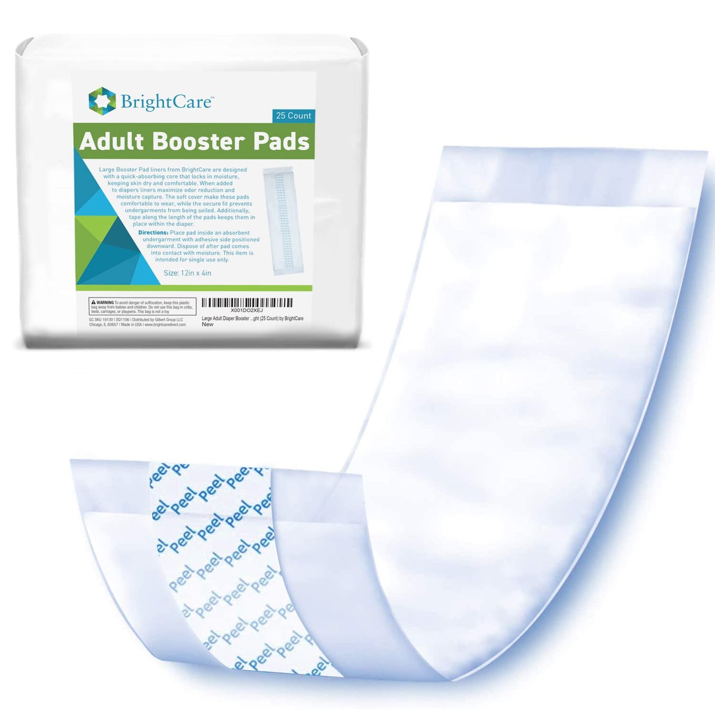 Adult Diaper Booster Pad Liner Insert with Adhesive for Men or Women (Large Size) - 16 Ounce Absorbent Day and Night Doubler (25 Count) by BrightCare