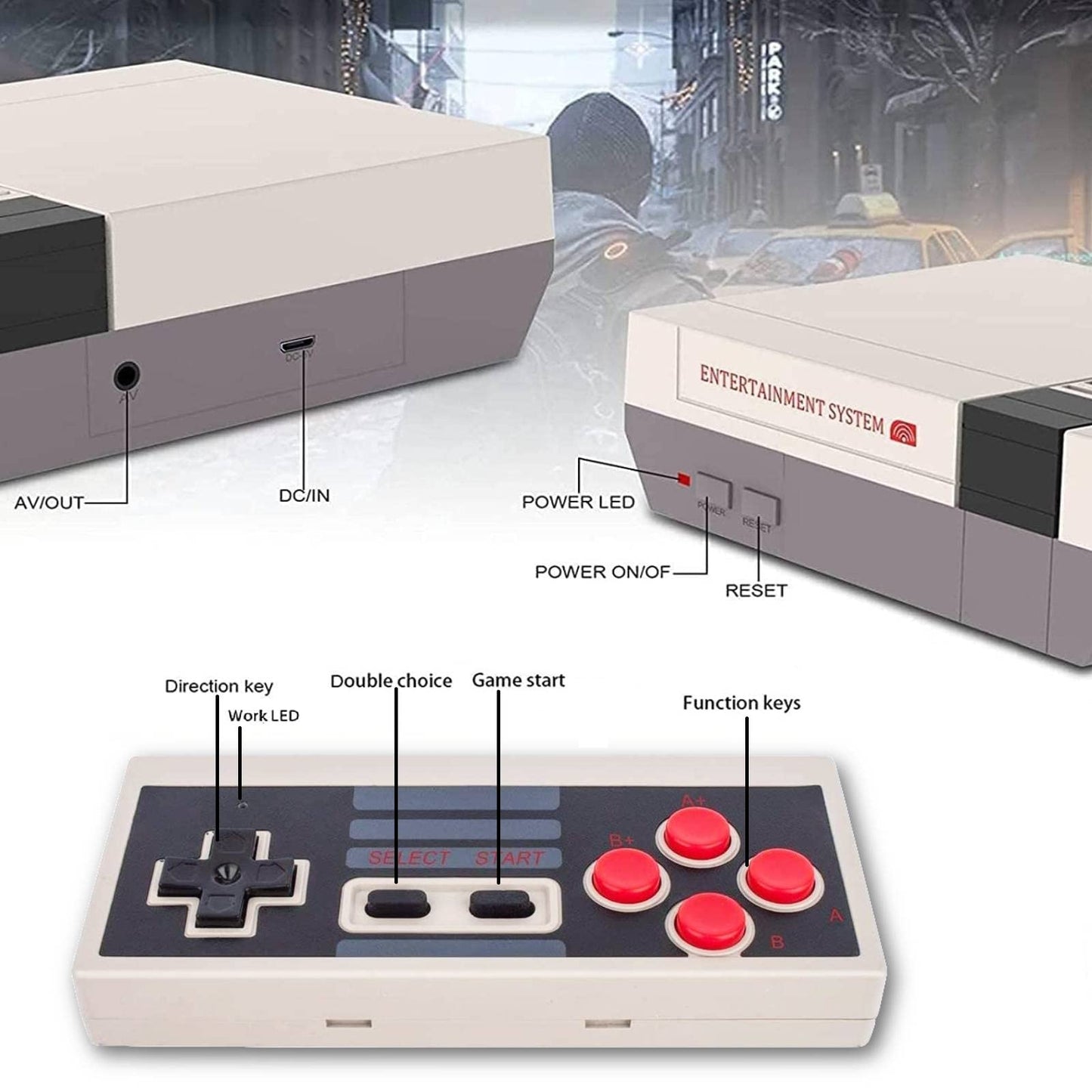 Classic Mini Retro Game Console Built-in 620 Classic Video Games,AV Output and Dual Wireles Game Controllers.AV Output 8-Bit Game System for TV. (Grey-Black)