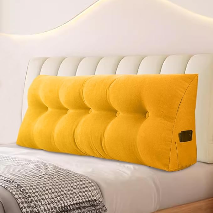 Large Triangular Headboard Pillows Long Backrest Positioning Support Bolster Cushion for Daybed Fluffy Quality Plush Body Wedge Pillow with Removable Cover(Light yellow-24x8x20in)