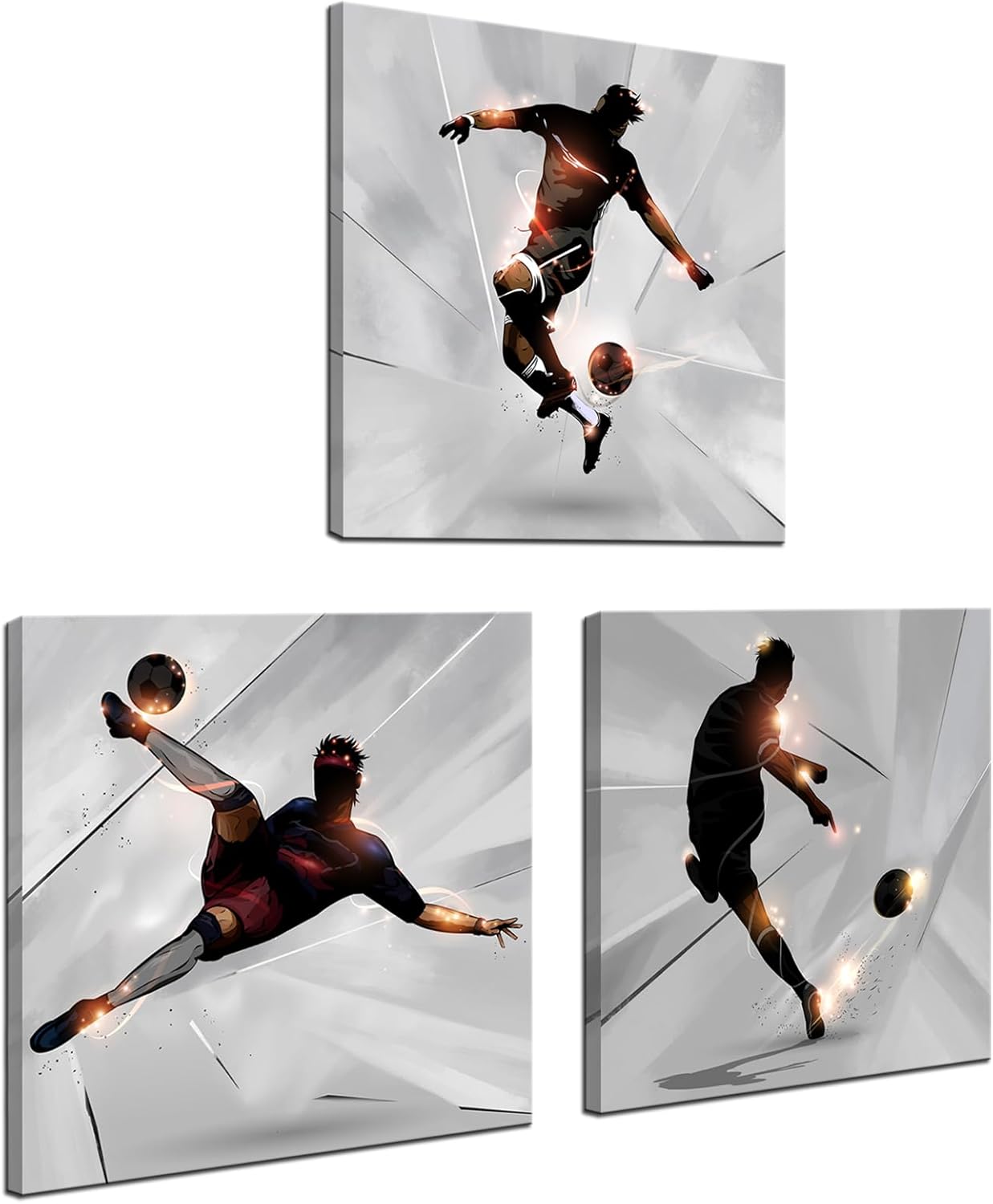 KLVOS Soccer Wall Art Prints Boy Room Sports Theme Decor Stretched and Gallery Wrap Modern Home Decoration for Man Cave Bedroom Ready to Hang - 12x12inchx3 Panel