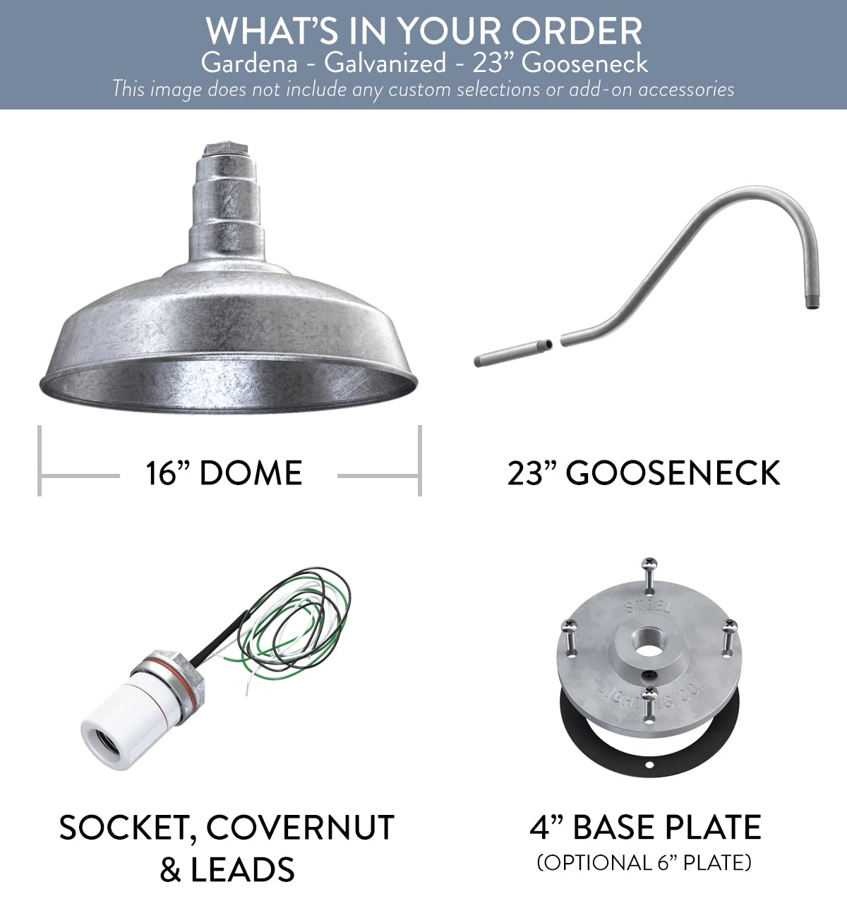 Steel Lighting Co. Gardena Barn Light - 16 Dome, 23 Gooseneck, Galvanized Steel, Outdoor Wall Mounted Farmhouse Light