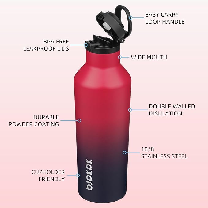 BJPKPK Insulated Water Bottle With Straw 25oz Stainless Steel Water Bottles With 2 Lids And Carry Handle Reusable Travel Metal Thermal Flask,Charming Black Red
