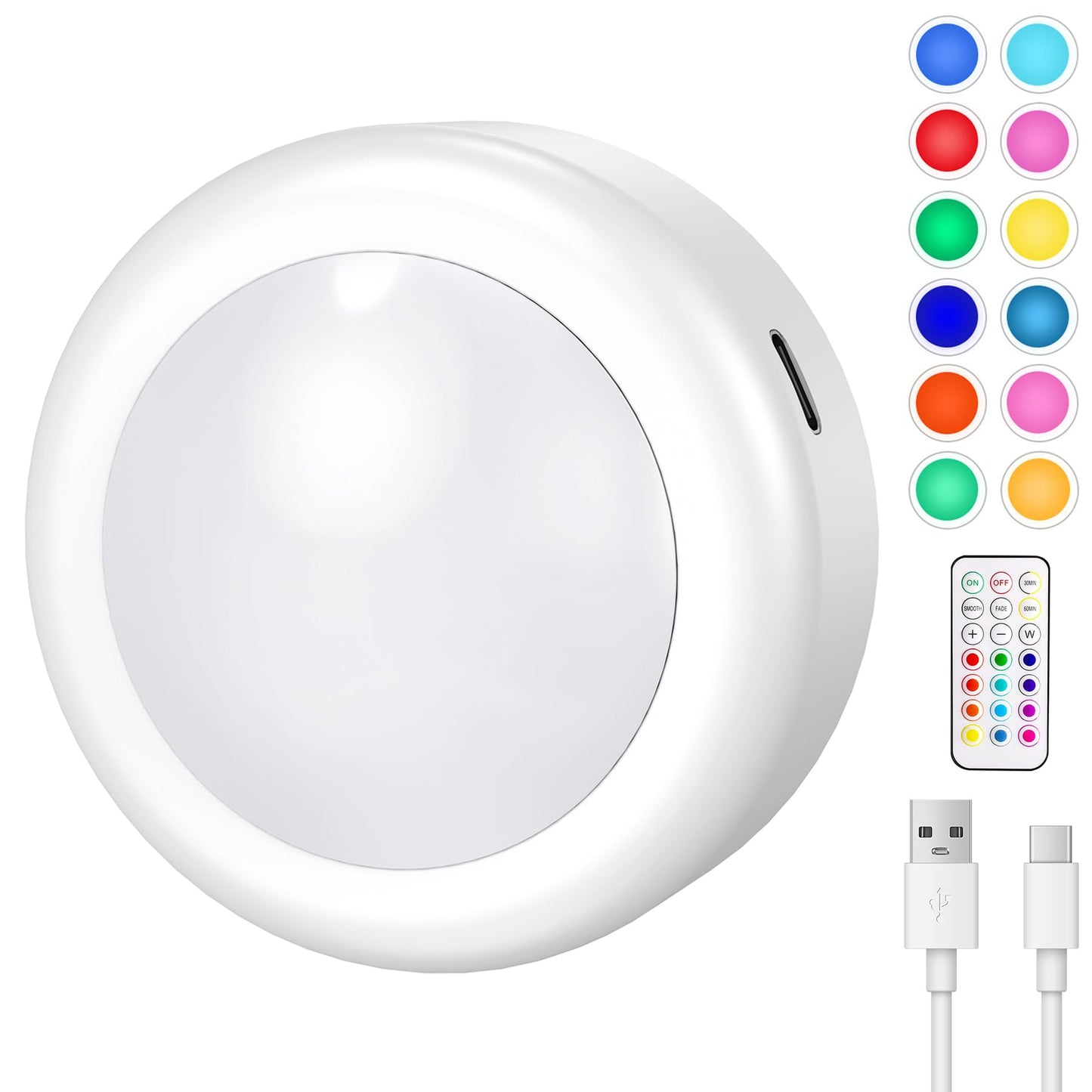 Cadrim Under Cabinet Lighting Puck Lights, Rechargeable, Remote Control, 13 Colors RGB, 1000mAh, 1pcs, White, Plastic