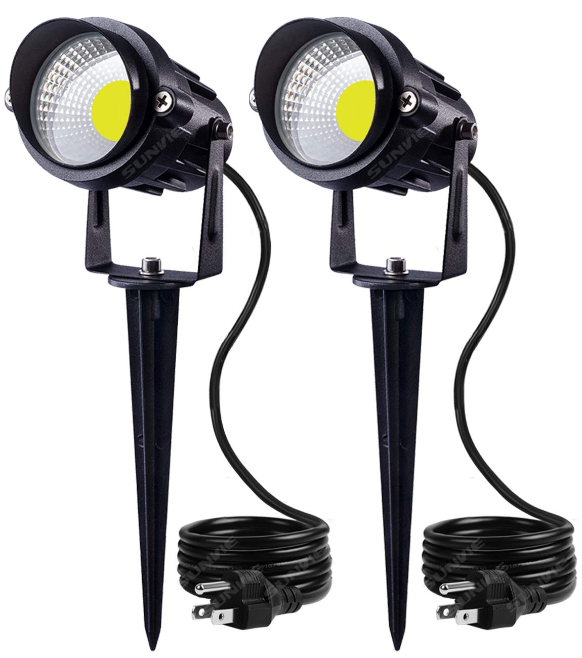 SUNVIE Outdoor Landscape LED Lighting 12W Waterproof Graden Lights COB Led Spotlights with Spiked Stand for Lawn Decorative Lamp US 3- Plug 6500K Daylight White (2 Packs)