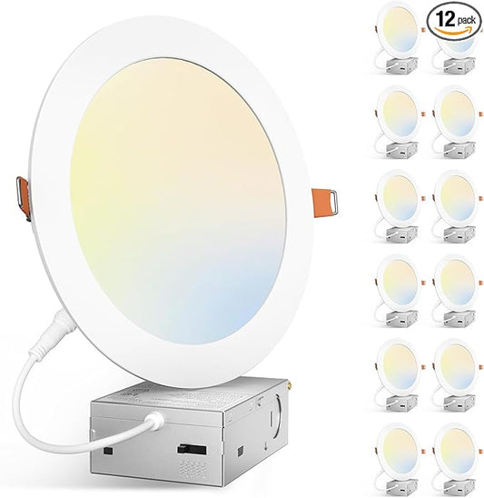 Amico 12 Pack 7 Inch 5CCT Ultra-Thin LED Canless Recessed Ceiling Light with Junction Box, 2700K/3000K/3500K/4000K/5000K S...