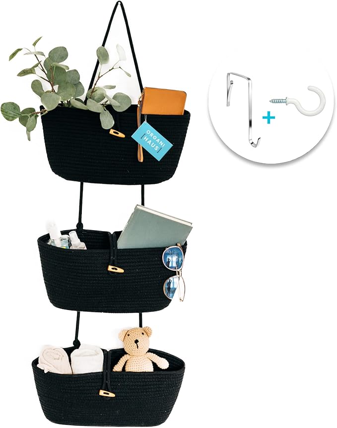 OrganiHaus Black Hanging Wall Baskets for Storage | Hanging Baskets for Bathroom Organizing | Behind Door Storage | Over the Door Basket | Nursery Storage Basket | Wall Hanging Basket for Organizing