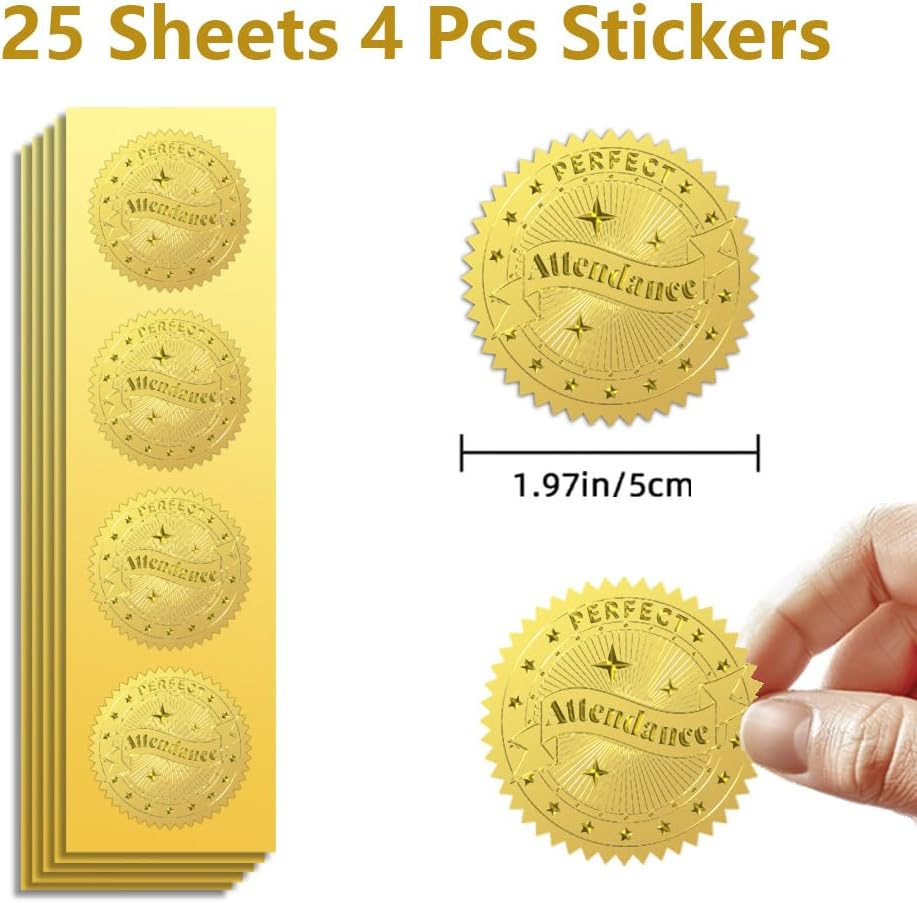 Peacoblue Gold Foil Stickers Seals Official Embossed Perfect Attendance 2Inch 100Pcs, Self Adhesive Gold Around Embossing Medal Sticker for Certificate Paper Awards Envelope and Encouragement to Staff