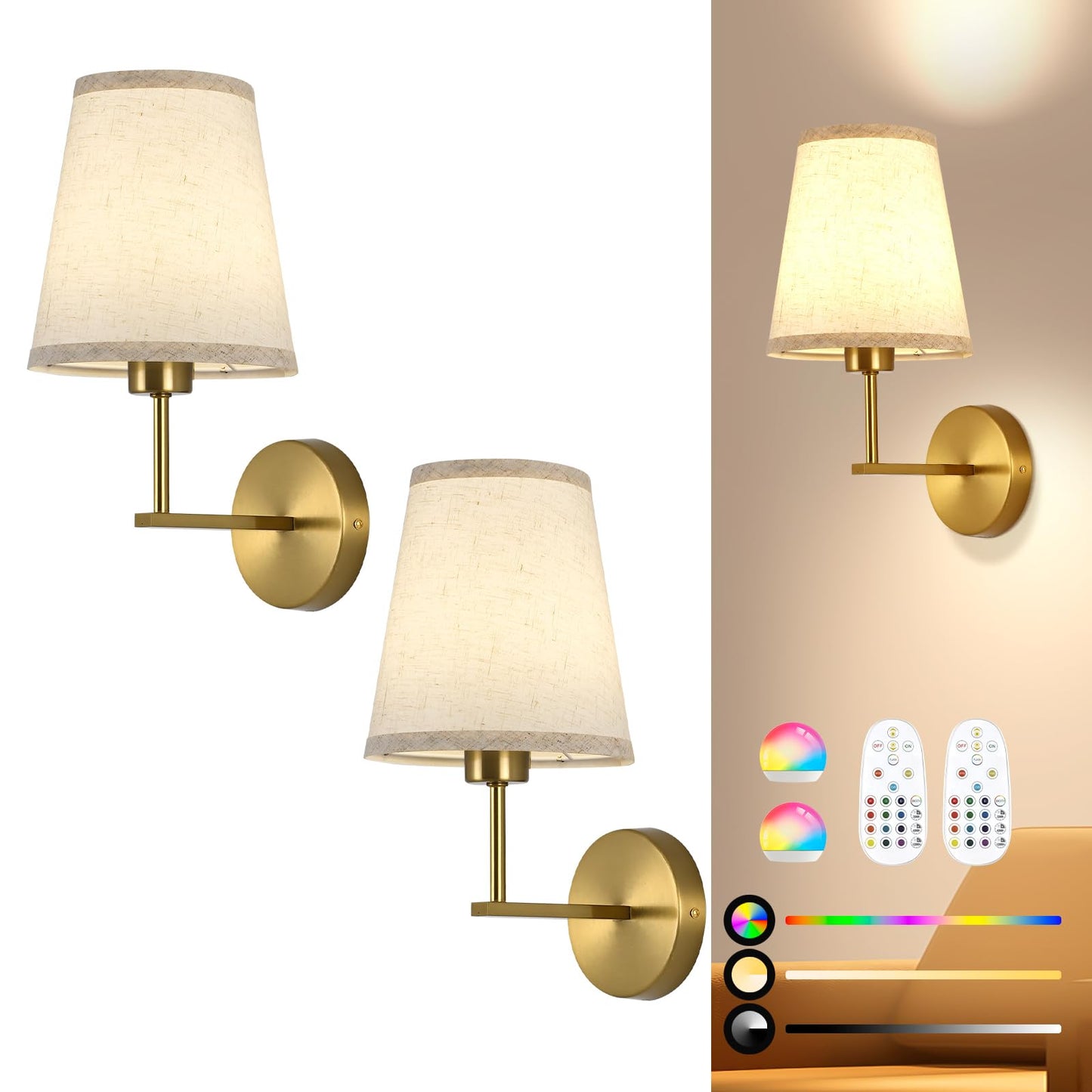 NOVCAND Battery Wall Sconces Set of 2, Dimmable Rechargeable with RGB Bulb, Metal, Gold, Model TC20160816