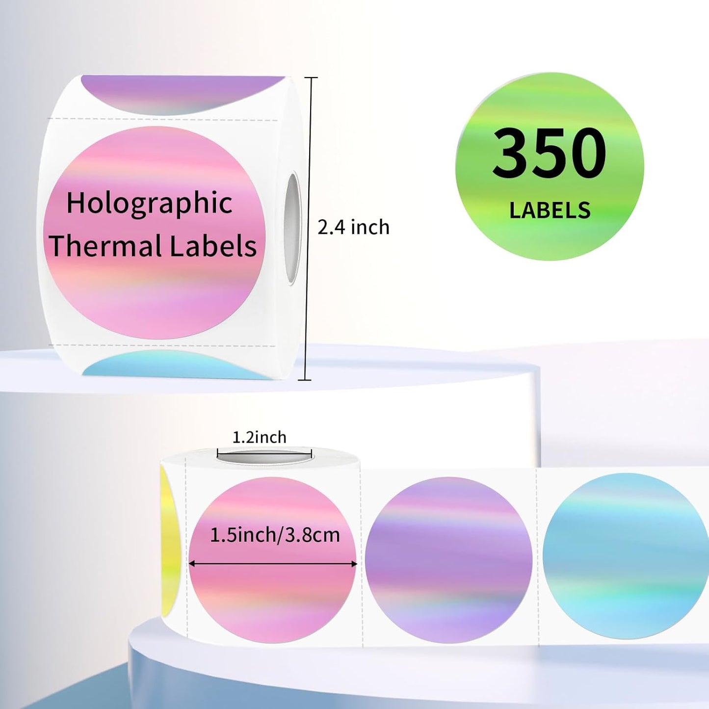 Holographic Thermal Labels Stickers 1.5 inch, Glitter Round Direct Thermal Stickers Label, Perforation Line Design (350 Sheets, 5 Colors)