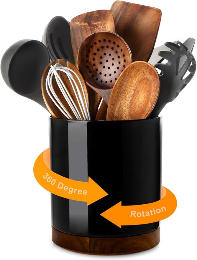 Nucookery 360° Rotating Utensil Holder, 7.2" Large Utensil Crock, White Ceramic Cooking Utensil Organizer with Countertop-Protection Cork Bottom for Farmhouse Kitchen Decor Gift (Black)