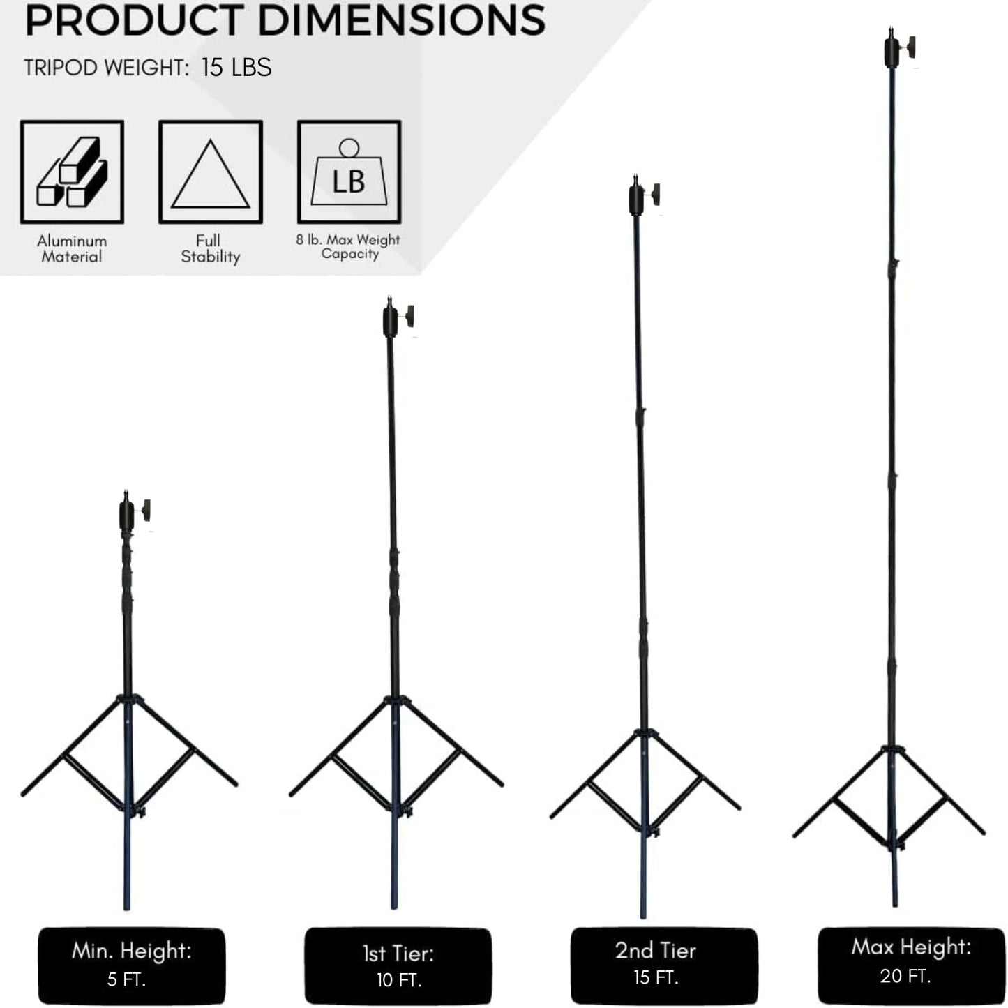 Glide Gear TST 20 Sky High 20' Tall Video Camera Tripod Stand – Air-Cushioned Telescoping Sections, Supports Up to 8 lbs – Ideal for Overhead Shots in Film & Photo - Stabilization Kit Included
