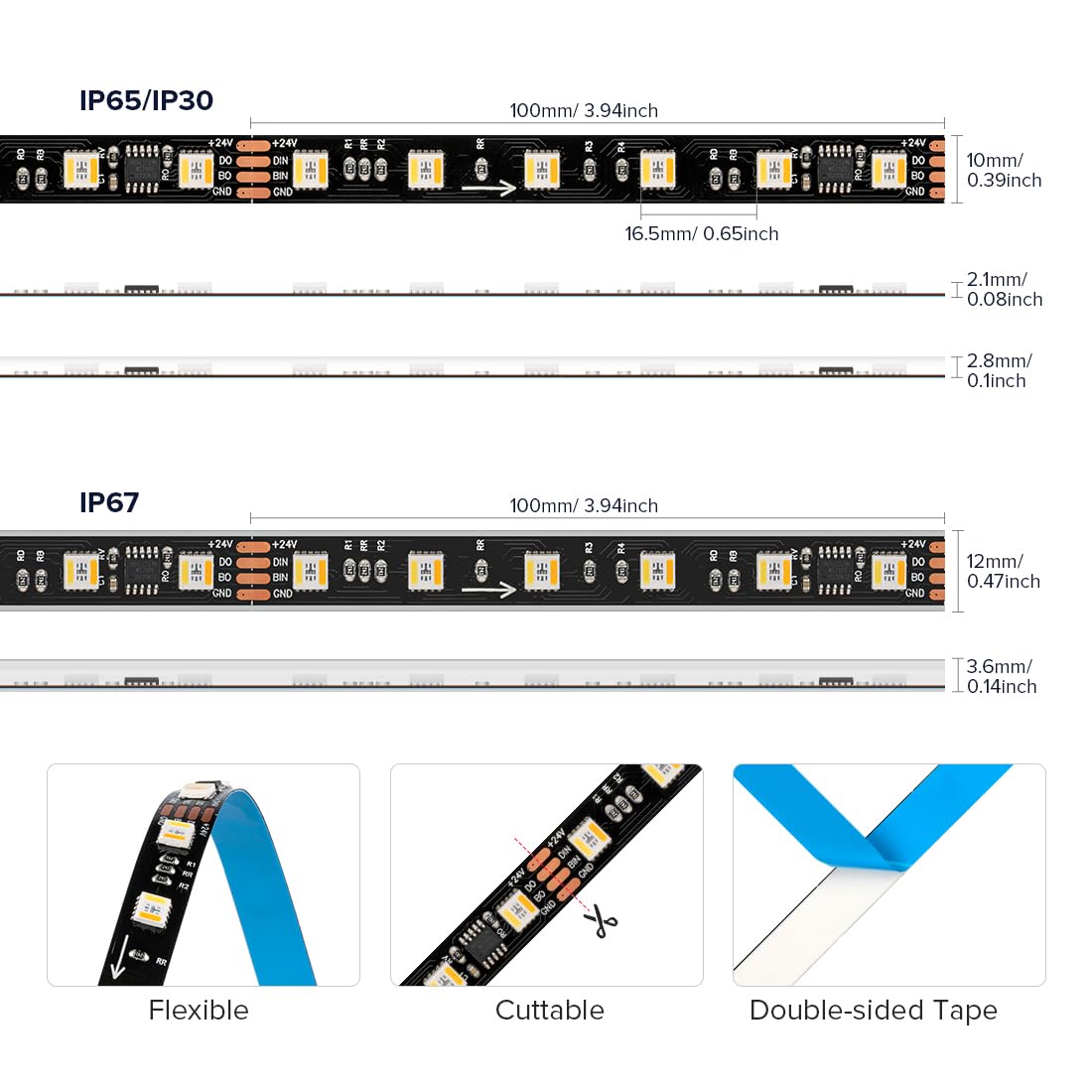 Btf-Lighting Ws2805 Ic Rgbcct Addressable Dual Data Led Strip 5050Smd 16.4Ft 60Led/M 10Pixel/M 5 Colors In 1 Chasing Color Rgb+Cct 3000K-6500K Lights Strip Ip65 Dc24V(No Adapter Or Controller)