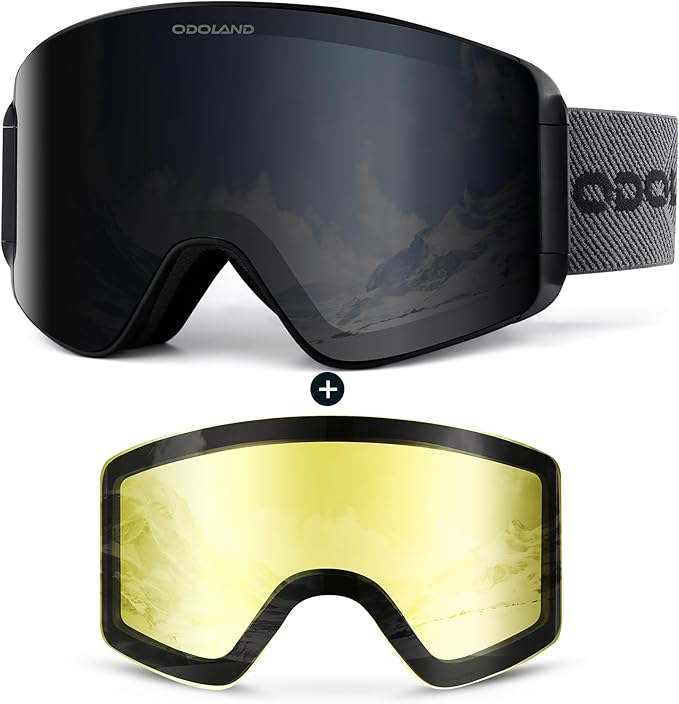 Odoland Ski Goggles with Detachable Lens, Frameless Interchangeable Lens Anti-Fog 100% UV Protection Snowboard Snow Goggles