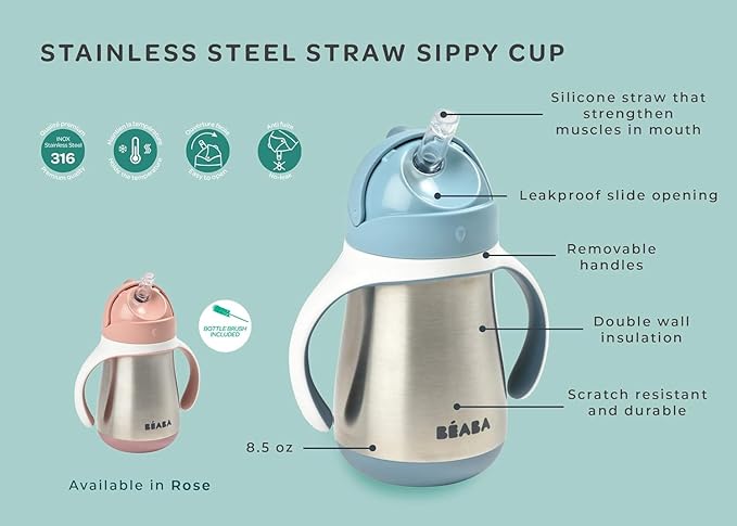 Beaba Stainless Steel Straw Sippy Cup, Insulated Toddler Cups Spill Proof with Removable Handles, Made with High Grade Stainless Steel, 8+ months, 8.5 oz Oat